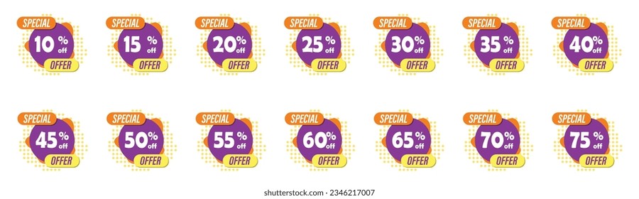 Special offer. Set of illustrations with different discount. 10, 15, 20, 25, 30, 35, 40, 45, 50, 55, 60, 65, 70, 75 percent.