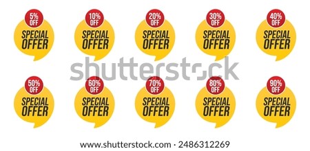 Special Offer set red yellow colored. Discount label. Big sale special offer. end of season special offer banner, Discount, Percentage, advertising campaign, mega sale, upto off, clearance, promotion