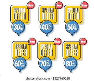 Special offer - Set of sale tags with text - Sales Up to, Price off. 30%, 40%, 50%, 60%, 70%, 80%, percent sale. - Vector