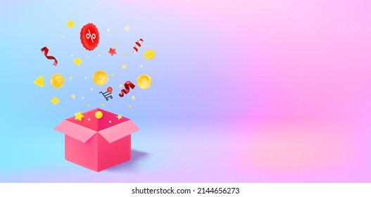 Special offer in shop concept with gift box and confetti. 3d vector illustration