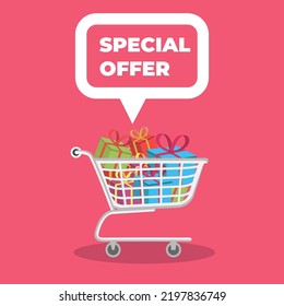 special offer shopping illustration, with a trolley carrying lots of discount shopping items on a red background, flat design vector
