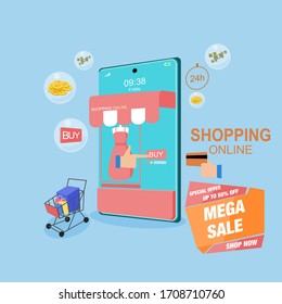 Special offer shopping online concept for flat design, online trading for web page, website, template and background, vector illustration about shopping online