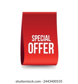 Special offer shopping sale discount red ribbon label design template realistic vector illustration. Retail shop store advertising tag tape economy buying goods price off guarantee purchase promotion