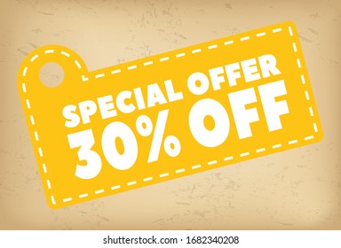 Oferta especial en tiendas y tiendas, limpieza. Descuento hasta un 30% del precio de los productos. Publicidad simple pegatina. Etiqueta amarilla con leyenda promocional. Ilustración del vector en estilo plano