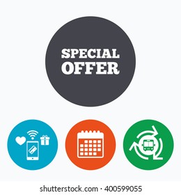 Special offer sign icon. Sale symbol. Mobile payments, calendar and wifi icons. Bus shuttle.