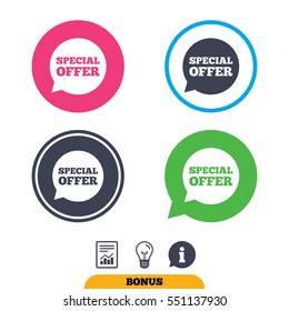 Special offer sign icon. Sale symbol in speech bubble. Report document, information sign and light bulb icons. Vector