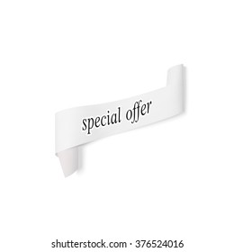 Special offer sign, paper banner, vector ribbon with shadow isolated on white.