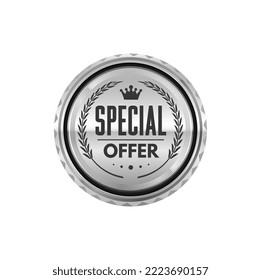 Special offer silver badge and store sale label. Shop sale glossy metal label or symbol, product advertising metal sign, vector silver badge. Store special offer platinum seal with laurel wreath