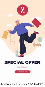 Special offer site banner template. Senior man with shopping bags. Modern male funny character design over the mall and car linear illustration. 