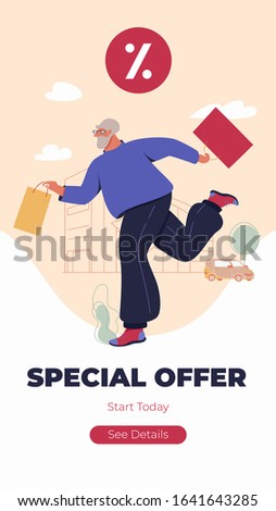 Special offer site banner template. Senior man with shopping bags. Modern male funny character design over the mall and car linear illustration. 