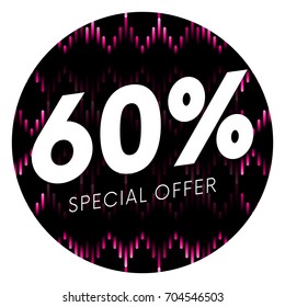 Special offer sixty percent text banner or sticker on musical dark background. Vector illustration.