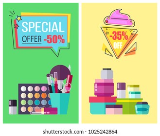 Special offer for skincare means and makeup tools promotional posters. Bottles with moisturizing creams and decorative cosmetics vector illutrations.