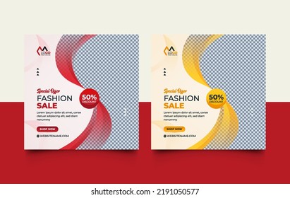 Special offer social media post template design set layout for fashion sale with Modern creative yellow and red shapes