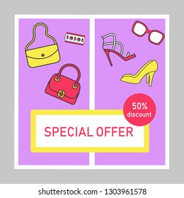 Special offer social media posts mockup. Clothing store sale, discount. Adg web banner design template. Social network booster, content layout. Promotion border, frame with copyspace, headlines, icons