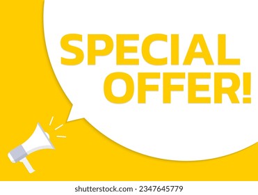 Special offer speech bubble banner with a megaphone or loudspeaker. Sale, discount, promotion background. Vector illustration.