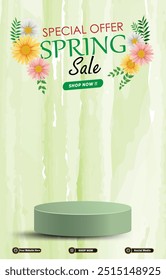 special offer spring sale discount portait template banner with blank space 3d podium for social media post product sale with abstract gradient green background design57