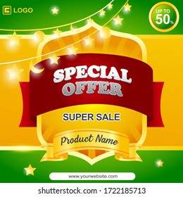 Special offer square templates with festive designs in red, green and sparkling yellow, easy to edit, used for backgrounds, social media posts, stories, cards, etc. vector.