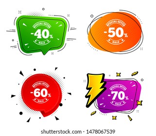 Special offer stamp price signs. Banner badges, various colors. Sale discount icons. 40, 50, 60 and 70 percent off reduction symbols. Chat bubble vector shape. Gradient banner. Price tag. Vector