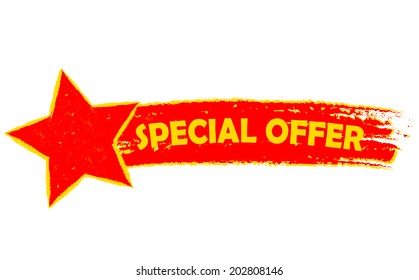 special offer with star banner - text in yellow and red drawn label, business shopping concept, vector