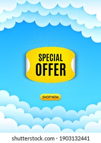 Special offer sticker. Cloud sky background with offer message. Discount paper banner. Sale coupon tag icon. Best advertising coupon cloud banner. Special offer badge shape. Vector