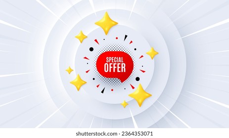 Etiqueta de oferta especial. Banner neumórfico, cupón. Forma de pancarta de descuento. Icono de burbuja de cupón de venta. Fondo del evento de promoción de oferta especial. Pancarta, volante o afiche de la explosión del sol. Vector