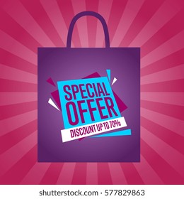 Special offer sticker on package isolated vector illustration. Exclusive offer tag, price clearance poster, discount promo, advertisement retail label, special shopping symbol. Modern style sale sign