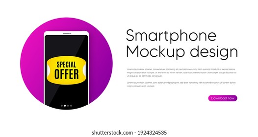 Sonderaufkleber für Angebote. Handy, Vektorgrafik-Mock-up-Banner. Rabatt auf Papierbanner. Coupon-Tag-Symbol verkaufen. Smartphone-Modell im Kreis. Banner für Sonderangebote. Telefonbildrahmen. Mobiler Hintergrund. Vektorgrafik