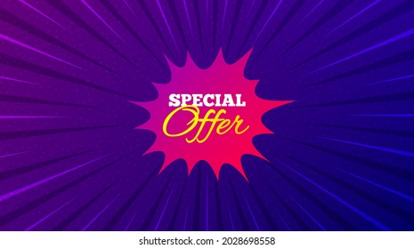 Special offer sticker. Purple background with offer message. Discount banner shape. Sale coupon bubble icon. Best advertising coupon banner. Special offer badge shape. Abstract background. Vector