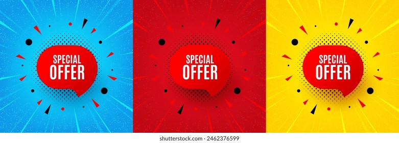 Special offer sticker. Sunburst offer banner, flyer or poster. Discount banner shape. Sale coupon bubble icon. Special offer promo event banner. Starburst pop art coupon. Special deal. Vector