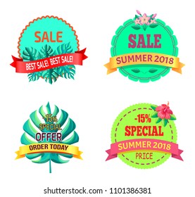 Special offer sumer 2018 logos with tropical herbs set. Seasonal sale promo emblems exotic plants. Summertime discount logotypes vector illustrations.