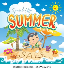 special offer summer banner background with cartoon boy relaxing and sitting on beach chair