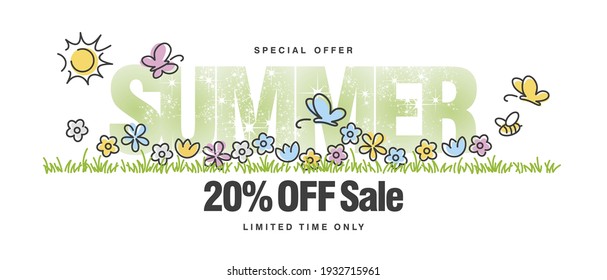 Special offer Summer Sale 20 % off with colorful spring flowers butterflies tulips in grass isolated white background