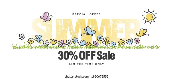Special offer Summer Sale 30 % off with colorful spring flowers butterflies tulips in grass isolated white background