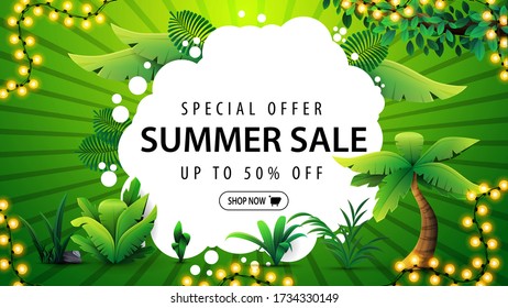 Special offer, summer sale, up to 50% off, green and white discount web banner with white large spot in the middle with offer and button, tropical jungle frame, tropical elements and frame of bright g