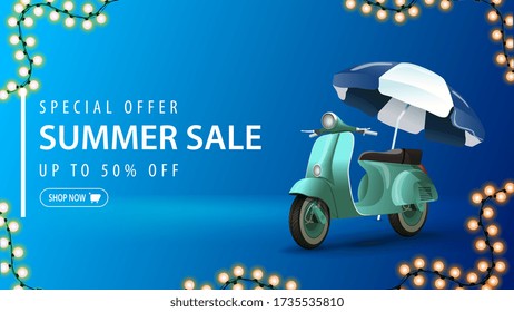 Special offer, summer sale, up to 50% off, blue discount web banner for your business in minimalistic design with vintage moped and frame of bright garland