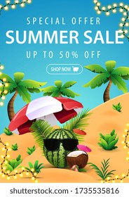 Special offer, summer sale, up to 50% off, blue and yellow discount web banner with with watermelon in sunglasses, strawberry cocktail in coconut, palm trees, tropical bushes and garland frame