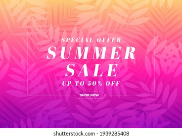 Special offer Summer sale 50% off banner. Tropical gift voucher, discount coupon template.