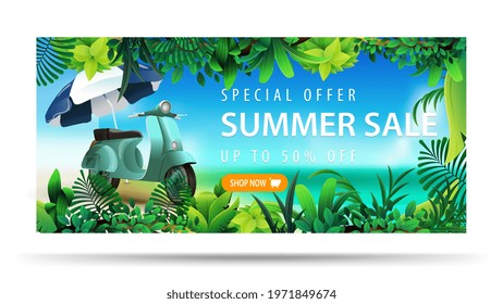 Special offer, summer sale, up to 50 off, horizontal discount banner with blue vintage scooter, sea blurred landscape on background, tropical frame and offer with button