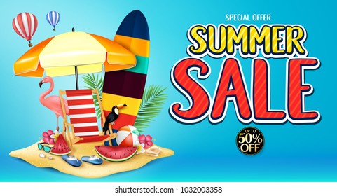 Special Offer Summer Sale Banner Advertisement in Blue Background with Realistic Toucan, Flamingo, Watermelon, Surf Board, Beach Ball, Sunglasses, Flowers, Palm Tree Leaves in Sand Island  and Flying 