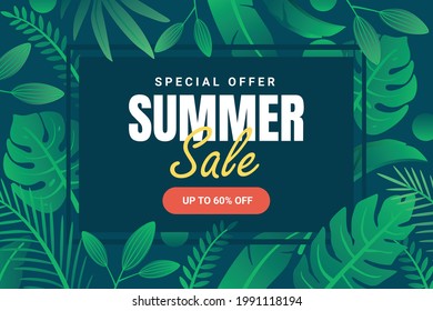 Special offer summer sale banner template with square frame and green gradient leaf premium Vector