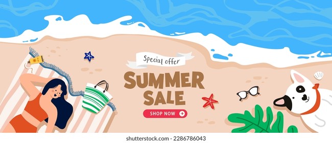 special offer summer sale  banner woman and dog on the beach