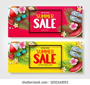 Special Offer Summer Sale Banners with Palm Tree Leaves, Flowers, Watermelon, Sunglasses and Slippers in Red and Yellow Patterned Background Vector Illustration. For Promotional Purposes
