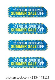 Special offer summer sale blue stickers set in grunge design style vector. Sale 25%, 35%, 45%, 55% off. Vector illustration