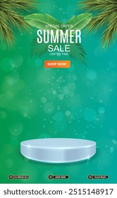 special offer summer sale discount portait template banner with blank space 3d podium for social media post product sale with abstract gradient green background design21