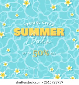 Special offer summer sale discount with summer pool and flowers for social media promotion and shopping event. Top view summer sale vector illustration with swimming pool theme