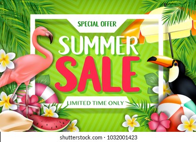 Special Offer Summer Sale Limited Time Only Advertisement Inside the White Frame with Flamingo and Toucan in Yellow Green Patterned Background with Tropical Leaves, Flowers and Other Items