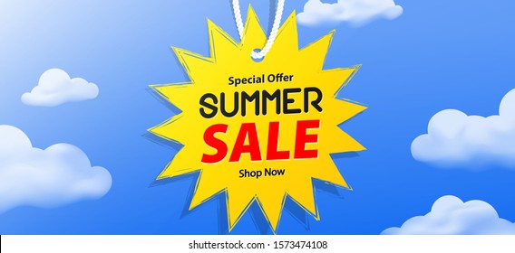 Special offer Summer sale shop now promotion website banner heading design on price tag yellow sun shape on the sky with cloud vector for banner or poster. Sale and Discounts Concept. 
