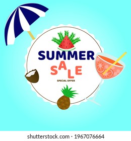 special offer summer sales on white circle, beach umbrella striped, cocktails, coconut, watermelon and pineapple on blue backdrop