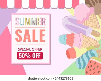 Special offer, summer vector advertising with ice cream. Discount