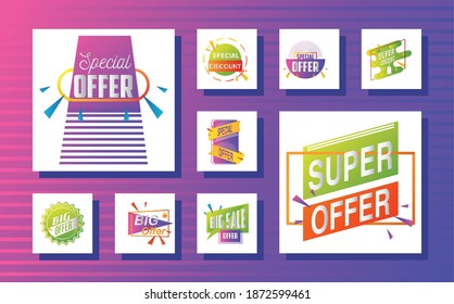 oferta especial, súper oferta descuento gran venta iconos de publicidad conjunto ilustración vectorial